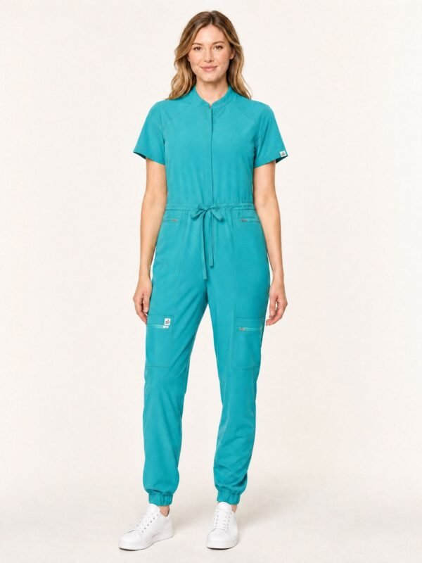 Women's Zip-Front Jumpsuit Scrub with Tie Waist