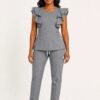 style3 grey swatch26 white front Black woman wearing the Yireh Fashion Flare Scrub Set in Grey, front view.