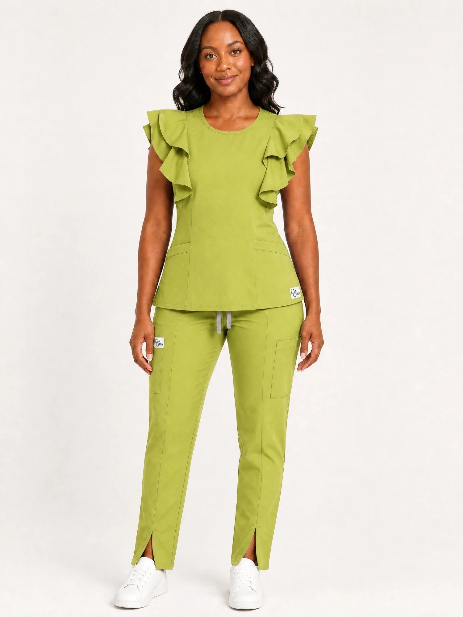 style3 lime olive swatch21 white front Black woman wearing the Yireh Fashion Flare Scrub Set in Lime Olive, front view.