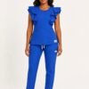 style3 royal blue swatch23 white front Black woman wearing the Yireh Fashion Flare Scrub Set in Royal Blue, front view.