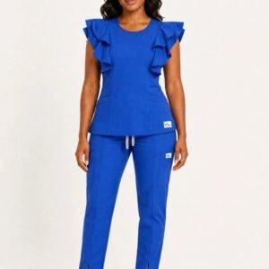 Black woman wearing the Yireh Fashion Flare Scrub Set in Royal Blue, front view.