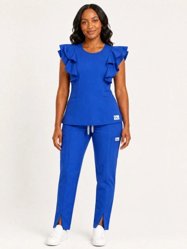 Black woman wearing the Yireh Fashion Flare Scrub Set in Royal Blue, front view.